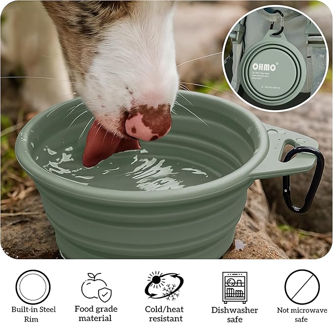 OHMO Collapsible Dog Water Bowls w/Built-in Stainless Steel Ring – 2pcs Large 27oz/800ml Portable Silicone Pet Feeding Bowl for Hiking, Camping, Travel