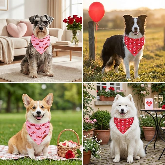 PTDECOR Valentine Dog Bandanas, Reversible Red Pink Valentine Pet Scarf, Premium Durable Fabric, Love and Heart Bandanas for Small Dogs Pets (Small)