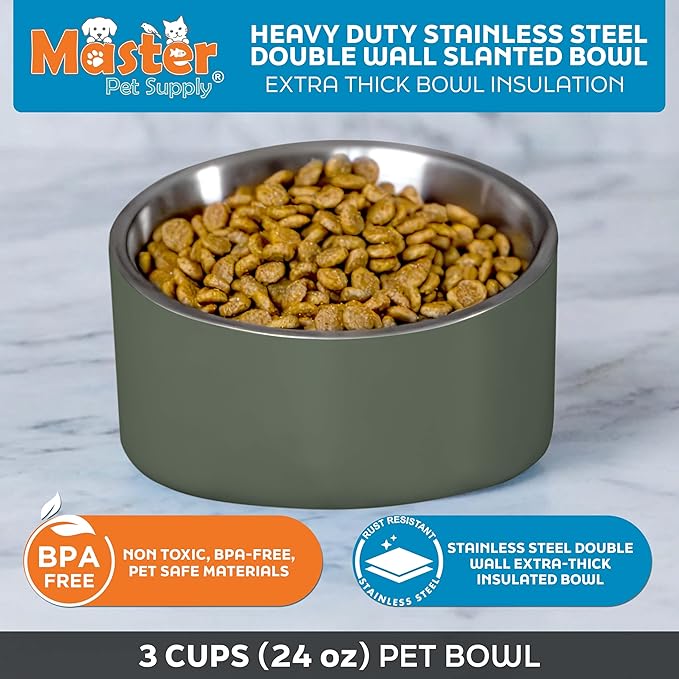 Master Pet Supply Stainless Steel Slanted Dog Cat Food Bowl - 24 oz Heavy Duty - Camo Patrol, Double Wall Insulated, Non-Slip Elevated Bowl for French Bulldogs Pugs Cats, Anti Rust Dishwasher Safe
