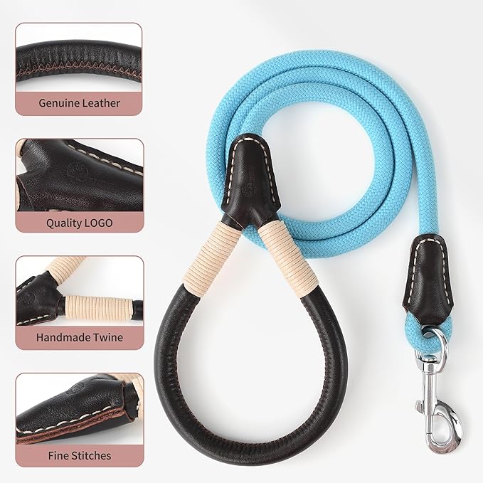 Mile High Life Leather Handle Dog Leash, 6 FT/5 FT/4 FT Rope Leash for Small Medium Large Dogs (Blue, 4FT)