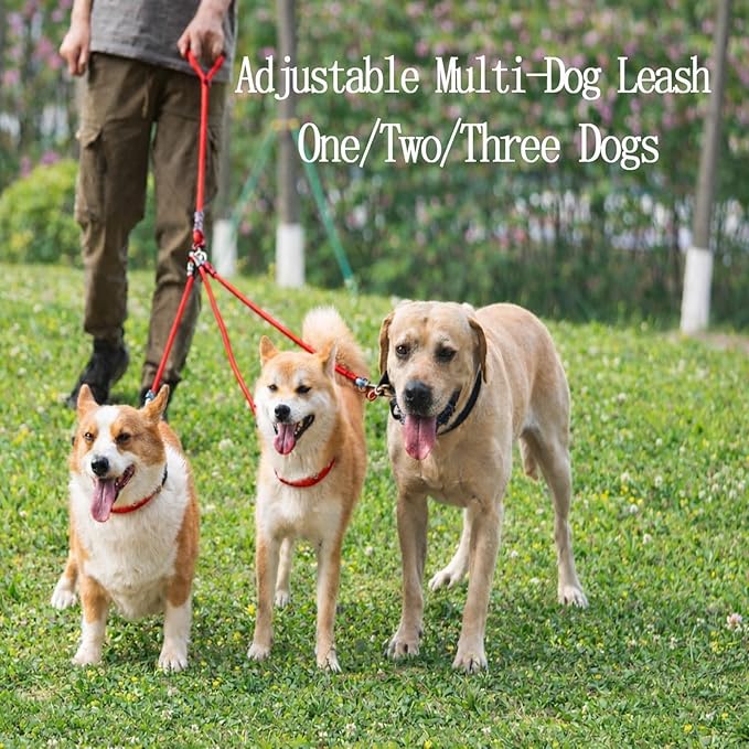3 in 1 Durable Nylon Dog Leash with Padded Handle, 360° Swivel Multiple Dog Leash No Tangle, Lead for Medium Large Dogs, Walking & Training Double Dogs Leash Red