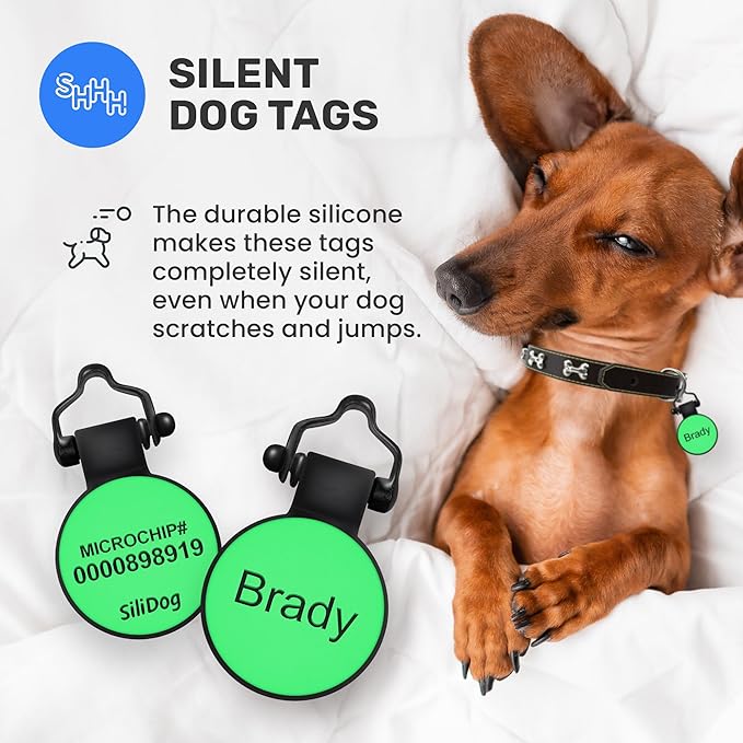 SiliDog - The Original Silicone Silent Dog Tag - Personalized Engraved Soundless Pet ID - As Seen On Shark Tank - Durable - Never Fades - Circle - Green