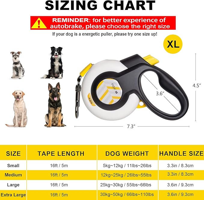 Fida AutoBrake Retractable Dog Leash. Advanced Patented Design for Dog Pulling, 16 ft Heavy Duty No Pull Pet Walking Leash for Extra Large Breeds. Tangle Free, Soft Grip, X-Large Size.