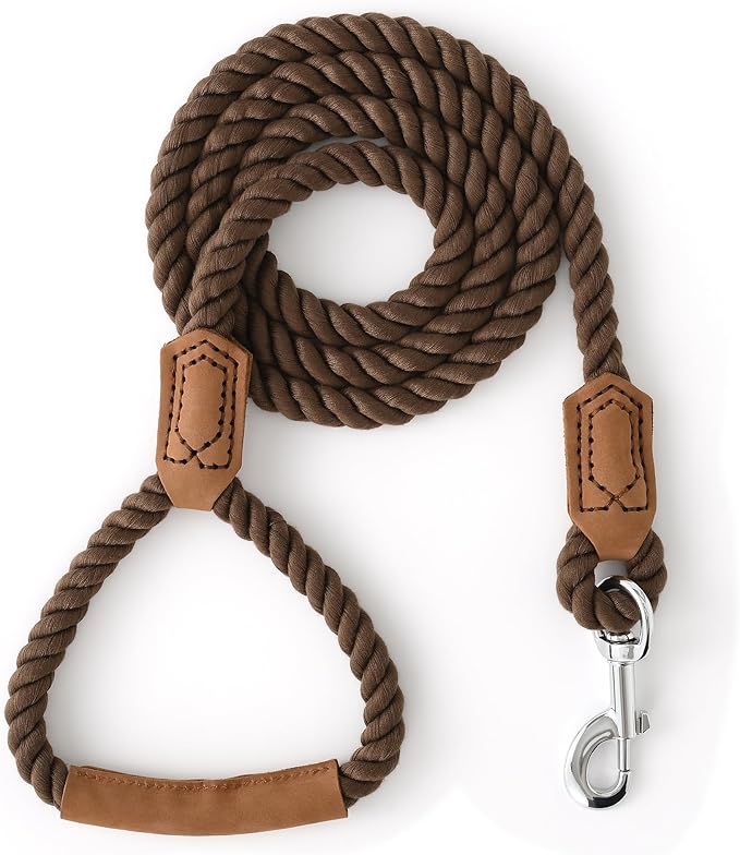 Mile High Life Dog Leash, Braided Cotton Rope Leashes with Leather Handle - Heavy Duty Metal Clasp, 6FT, 1/2" Thick - Wedding, Walking & Training Leash for Small Medium Large Dogs (Dark Brown)