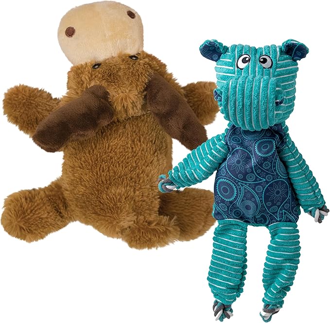 KONG XL 2 Pack - Soft Plush Dog Toy for Large Breeds - Durable, Cuddly & Squeaky - Perfect for Play & Comfort (Moose/Hippo)