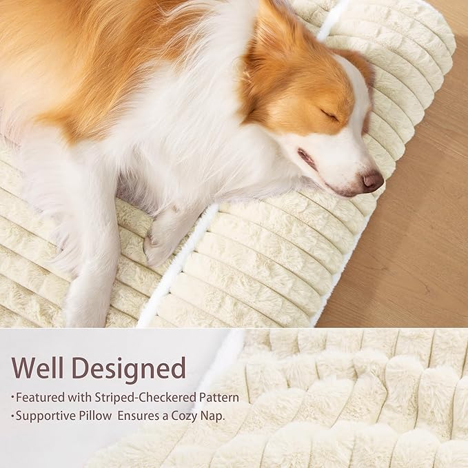 Orthopedic XL Dog Bed Large Sized Dog with Pillow 42''X28'', Waterproof Soft Comfortable Egg Crate Foam Pet Crate Beds Mat with Removable Washable Cover and Non-Slip Bottom, Cream