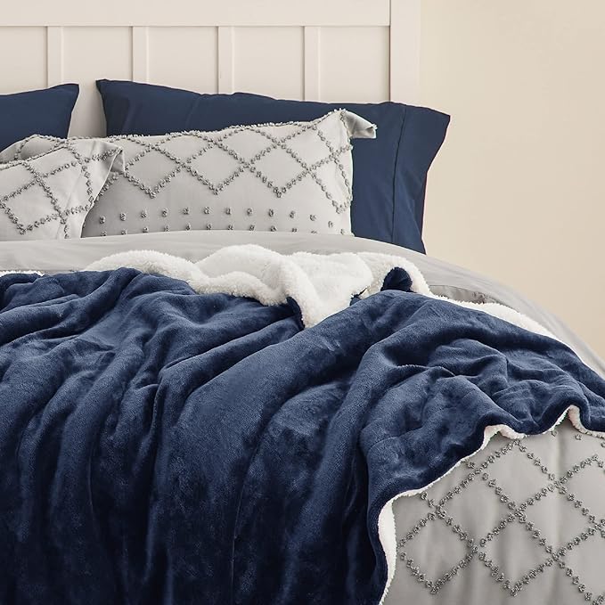 Bedsure GentleSoft Sherpa Fleece Blanket Queen Size for Bed, Non-Heated, Thick and Warm Throw for Women and Men, Soft Fuzzy Plush Queen Blanket for Winter, Navy, 90x90 Inches