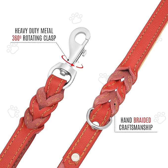 Riparo Leather Dog Leash 6ft with 2 Handles Padded Traffic Handle for Extra Control, Leather Dog Leashes for Large Breed Dogs Training Walking Heavy Duty Leashes for Dogs (Red, L: 3/4" x6ft)