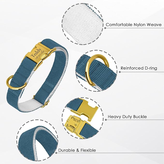 Personalized Dog Collar with Gold Metal Buckle, Velvet Custom Dog Collars for Small, Medium & Large Dogs – Puppy Collars with Metal Buckle, 4 Sizes, 8 Colors (Denim, M, 12"-15")