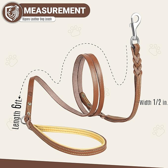 Riparo Heavy Duty Leather Braided Dog Leash with 2 Handles,Padded Traffic Handle for Extra Control, 6 Foot Dog Training Walking Leashes for Medium Large Dogs (Brown, M: 1/2" x6ft)