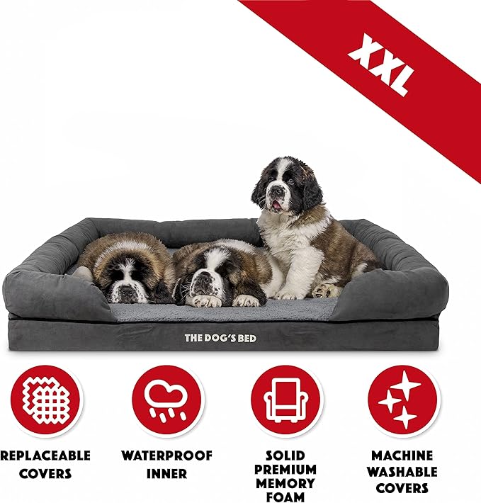 The Dog’s Bed Orthopedic Memory Foam Dog Bed with Bolsters, Plush Fabric, Grey Plush, XXL