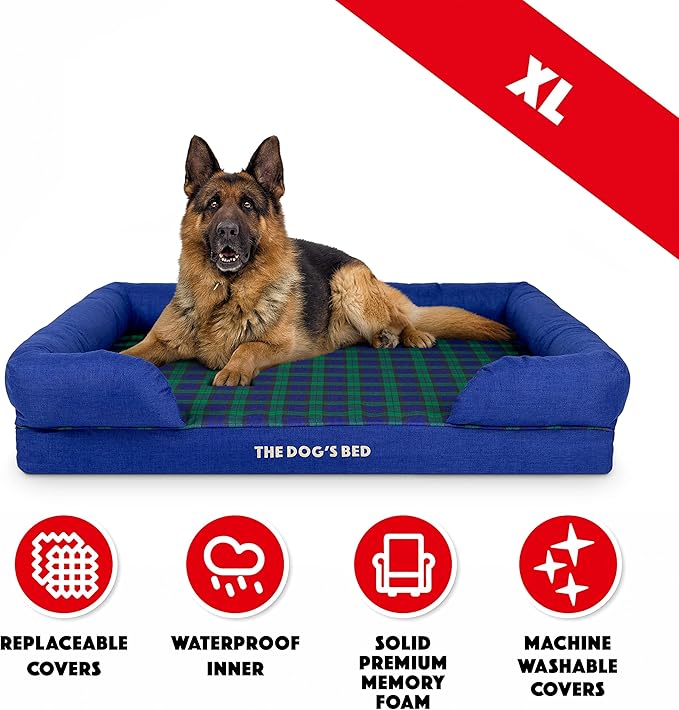 The Dog’s Bed Orthopedic Memory Foam Dog Bed with Bolsters, Oxford Fabric, Black Watch Tartan, XL