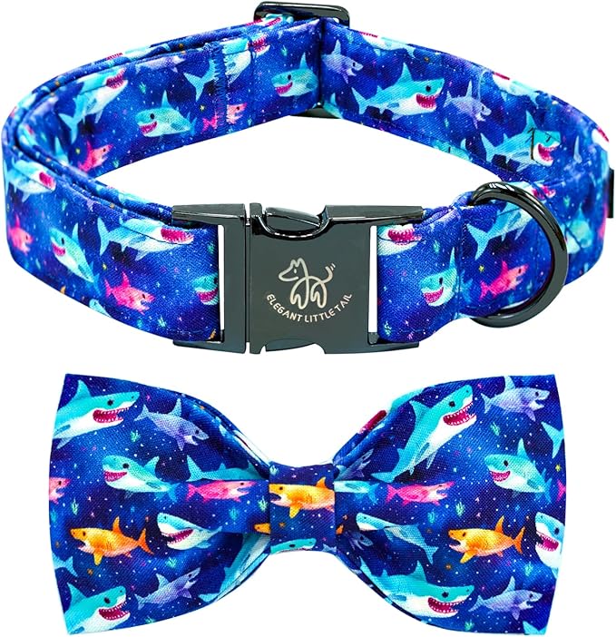 Elegant little tail Dog Collar- Cute Shark Dog Collar with Bow for Small Dogs,Male Adjustable Cotton Summer Pet Holiday Puppy Collar for Small Medium Large Dogs