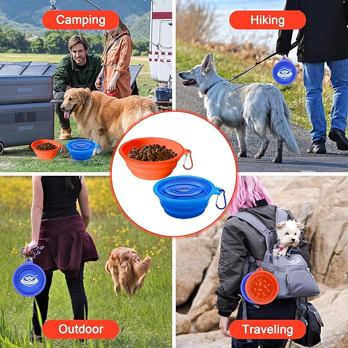 Large Collapsible Dog Bowls (34oz), 1 Pack Pet Travel Foldable Bowl with Carabiners, Healthy, Soft Silicone, Portable Essential Set for Walking, Travel, and Hiking (Blue)