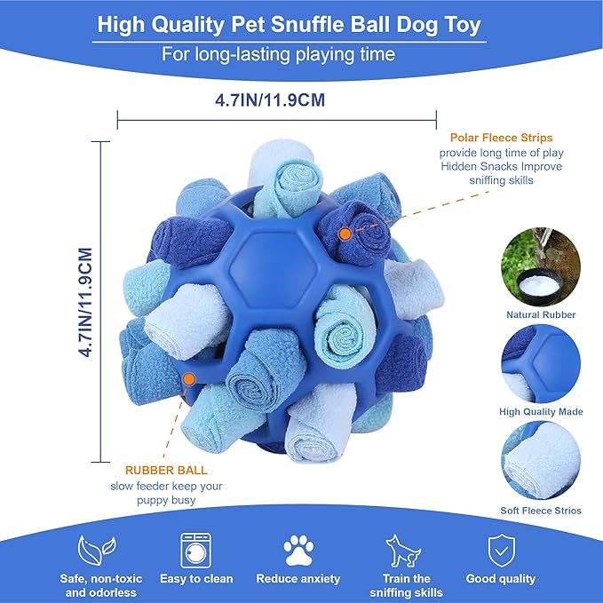 Unbreakable Snuffle Ball Toys for Dog Ball Interactive Toy Foraging Snuffle Mat Puppy Treat Dispenser Slow Feeder Dog Puzzle Toys for Small Medium Large Pets (Blue)