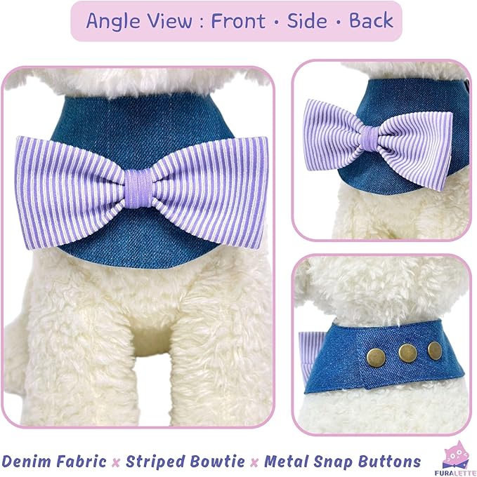 Denim Dog Bandana – Striped Bowtie, Soft & Durable Pet Scarf with Adjustable Metal Snap Buttons for Dogs & Cats (Purple, 3X-Large)