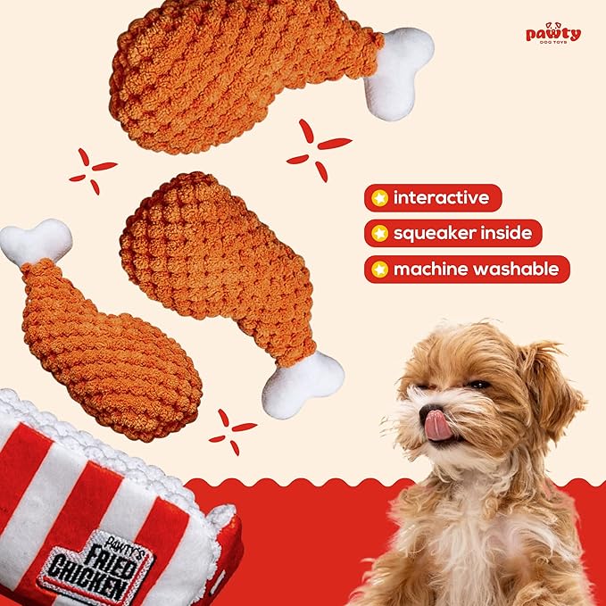 PAWTY Fried Chicken Interactive Dog Toy - Snuffle Nosework Puzzle with Squeaker - Pet Stress Relief Game - Hide Treat Food Puzzle - Medium Dog - Durable Cute Dog Gifts
