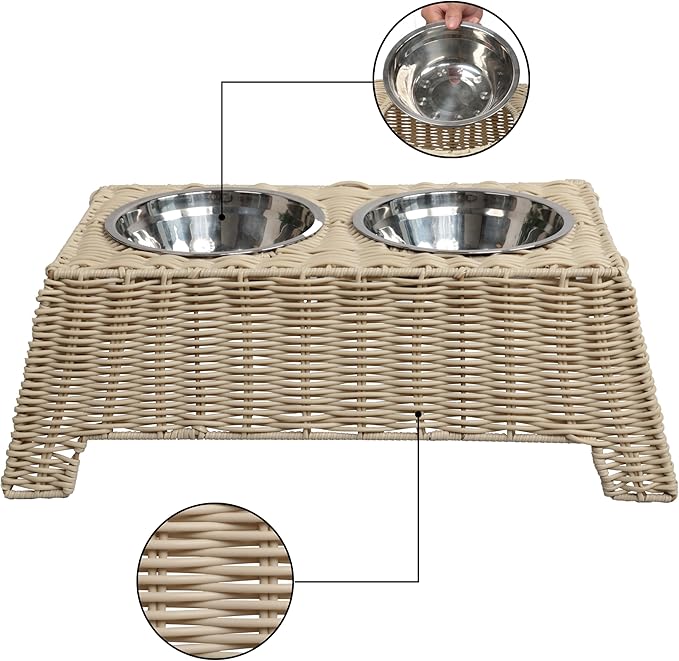 DBL4000F Serenity 6.9" Small/Medium Elevated Wicker Pet Feeder with 18oz (2.2 Cups) 2-Stainless Steel Bowls, Almond