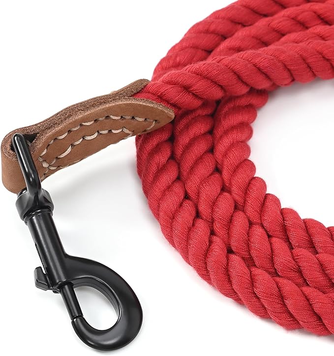 Mile High Life Dog Leash, Braided Cotton Rope Leashes with Leather Tailor Tip with Leather Tip - Heavy Duty Metal Clasp, 5FT, 1/2" Thick - Wedding, Walking Leash for Medium Large Dogs(Red)