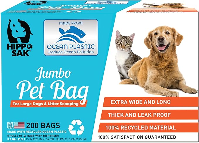 Hippo Sak® Extra Large Pet Poop Bags with Dispenser, Made with Ocean Plastic, 200 Count