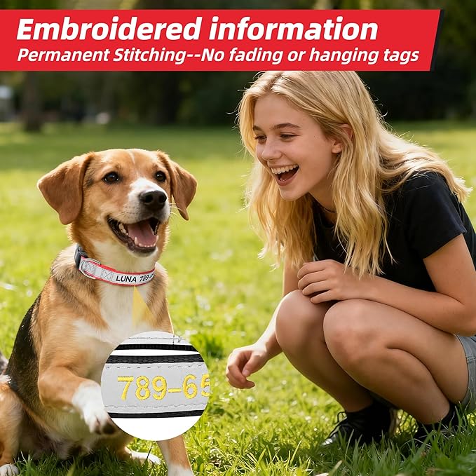 Personalized Dog Collar with Name & Phone Number, Custom Embroidered Reflective Collar for Dogs, Adjustable XS S M L Size with Quick Release Buckle, Durable Nylon (Solid with Reflective Strip)