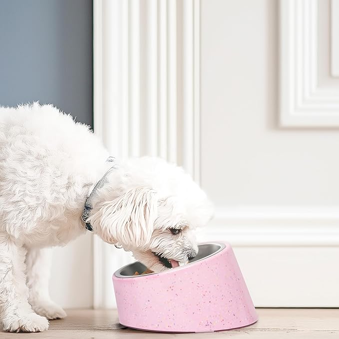 bzyoo 16oz Tilted Dog Bowl for Small Dogs & Cats, 15° Elevated Stainless Steel Pet Feeder, Ergonomic Anti-Vomiting Food Bowl for Frenchie, Pug, Persian Cat, Non-Skid Melamine Stand, Sprinkle (Pink)