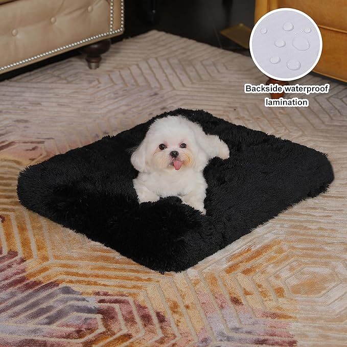Bedfolks Waterproof Dog Crate Pad, Plush Dog Kennel Bed with Removable Cover, Faux Fur, Washable, 21"x13", Black