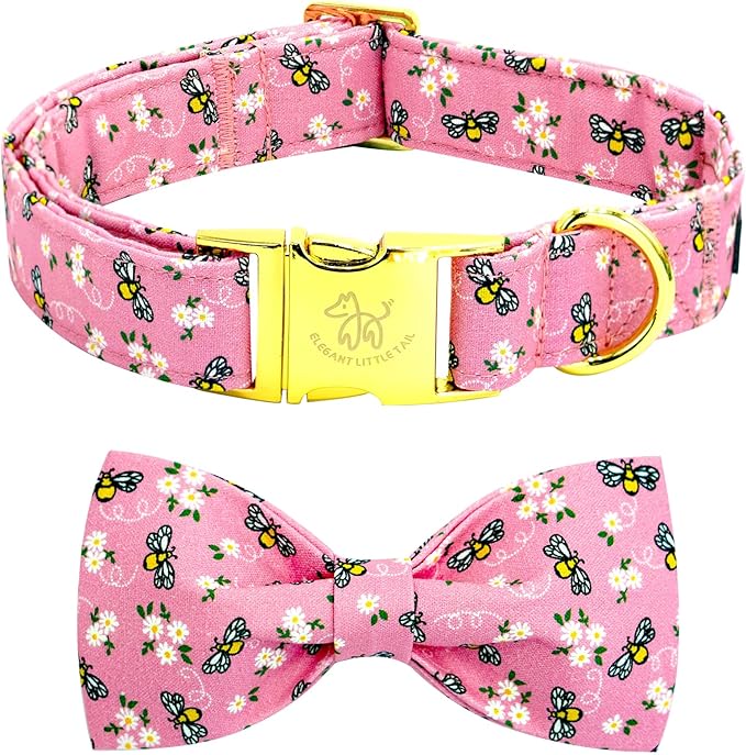 Elegant Little Tail XL Dog Collar, Spring Floral Bees Print Cotton Soft Durable Adjustable Collar with Handmade Bowtie for Large Dogs