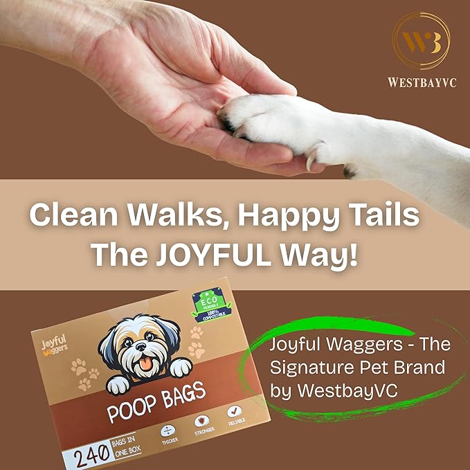 Home Compostable & Biodegradable Dog Poop Bags Thick Leak Proof 240 Bags / 16 Rolls with Poop Bag Dispenser & Flashlight for Night Walks-Joyful Waggers by WESTBAYVC