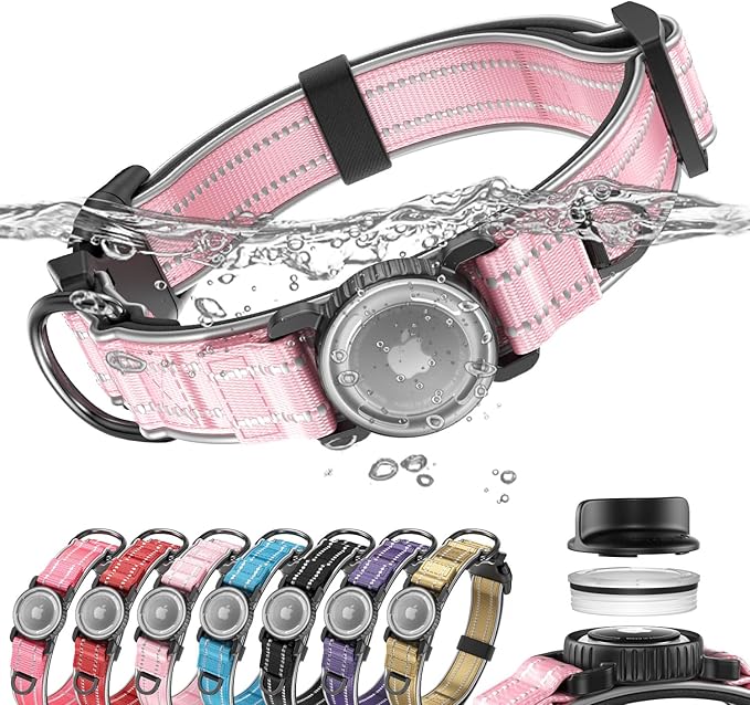 Upgrade Airtag Dog Collar,with IPX8 Waterproof AirTag Holder | Reflective Ultra-Durable | Soft Padded | Lock Buckle | Heavy Duty | Fit Small Medium Large Dogs（Pink1，XL(19"～27")）