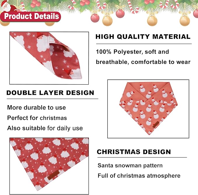 ADOGGYGO Dog Bandana Christmas Pet Scarf Bib Kerchief, Premium Durable Fabric, Red Green Santa Snowman Christmas Bandanas for Small Dogs (Small)
