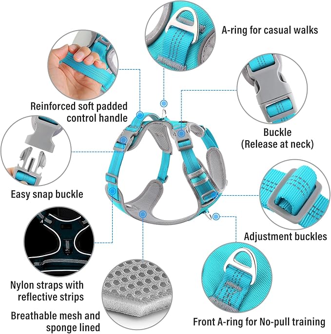Plutus Pet No Pull Dog Harness, Release at Neck, Reflective Adjustable Dog Vest Harness, Easy Control Handle for Walking, for Small Medium Large Dogs, Cyan, XL