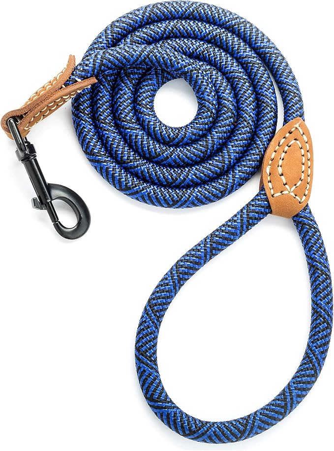 Mile High Life Rope Leash with Genuine Leather Connection, 6 FT/5 FT/4 FT, Heavy Duty Leash for Medium & Large Dogs (Blue, 48 Inch)