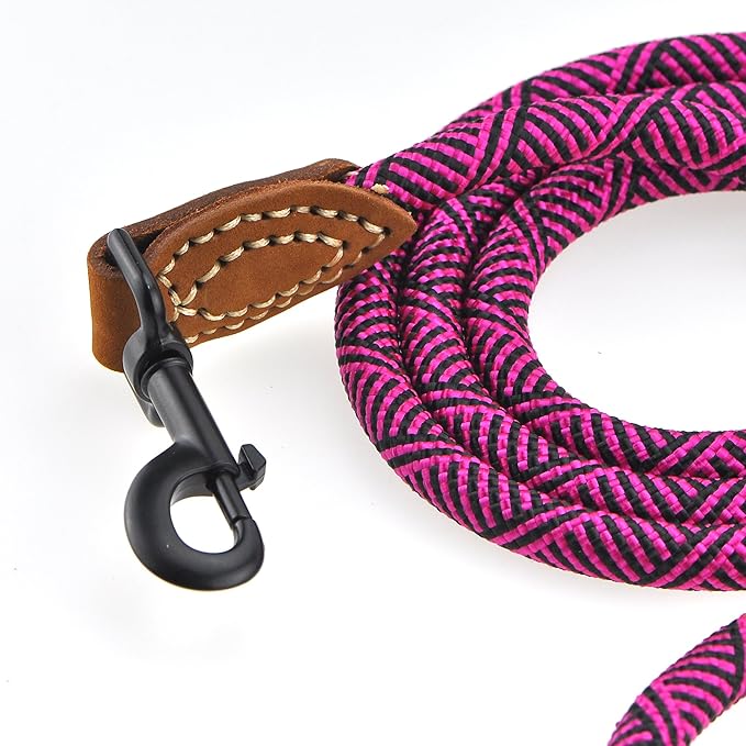 Mile High Life Rope Leash with Genuine Leather Connection, 6 FT/5 FT/4 FT, Heavy Duty Leash for Medium & Large Dogs (Hot Pink, 72 Inch)