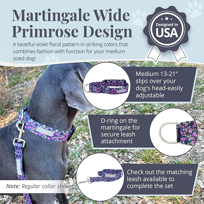 Lucky Love Dog Wide Martingale Dog Collar - No-Slip, Durable, & Soft Webbing 1.5 inch Martingale Collar for Dogs Male and Female Ideal for Training & Walking - Primrose, Medium
