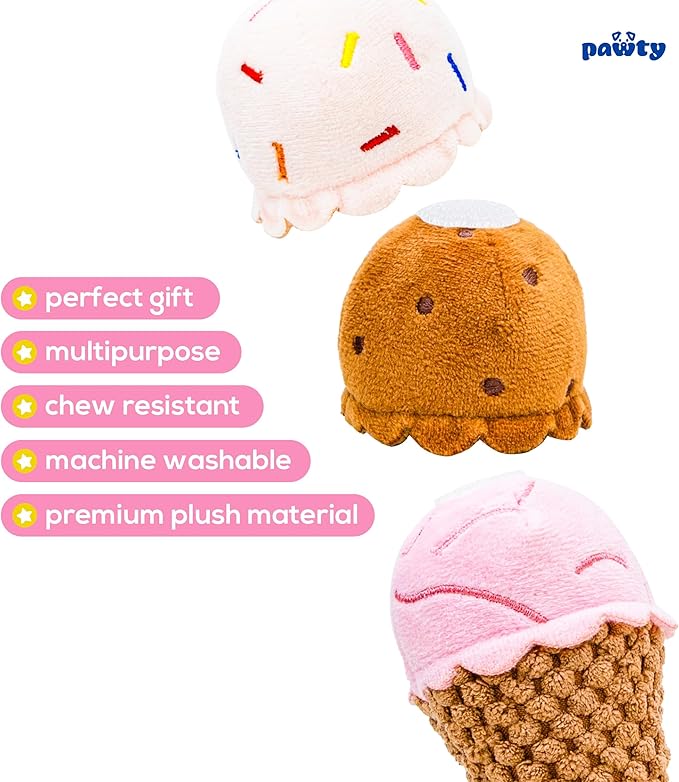 Ice Cream Cone Toy - Plush Interactive Food Shaped Parody Toy with Squeaker - Fetch Cute Chew Toy - Cute Dog Gifts for Favorite Dog Birthday