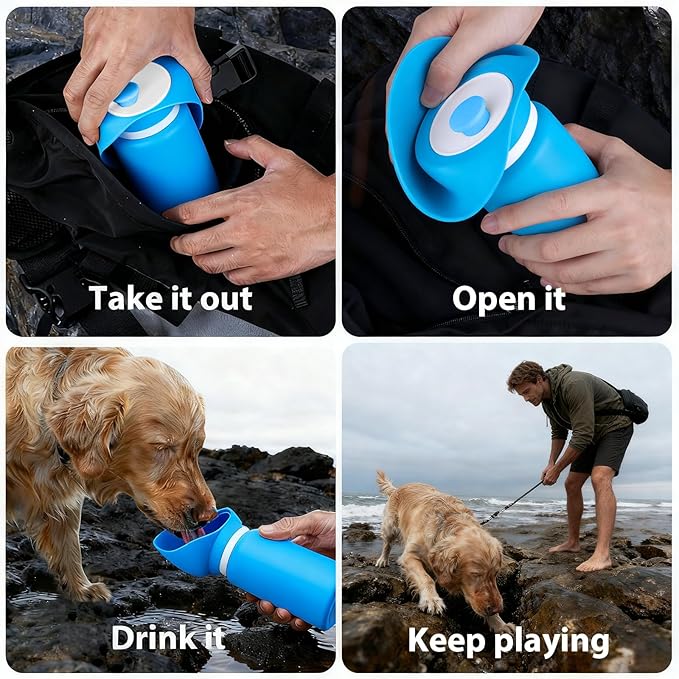 Portable Dog Water Bottle, 2-in-1 Leak Proof & Collapsible Silicone Pet Dispenser with Built-in Bowl, Food Grade Travel Cup for Walking, Hiking (19oz/550ml, Blue)