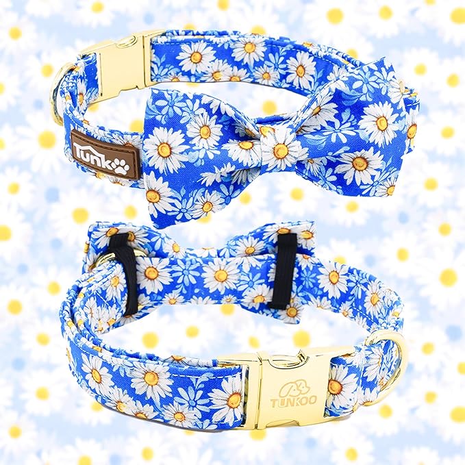 Tunkoo Blue Daisy Dog Collar with Cute Flower Bow Tie, Adjustable Premium Cotton Collar Durable Metal Buckle for Small Medium Large Boys Girls Dogs, M