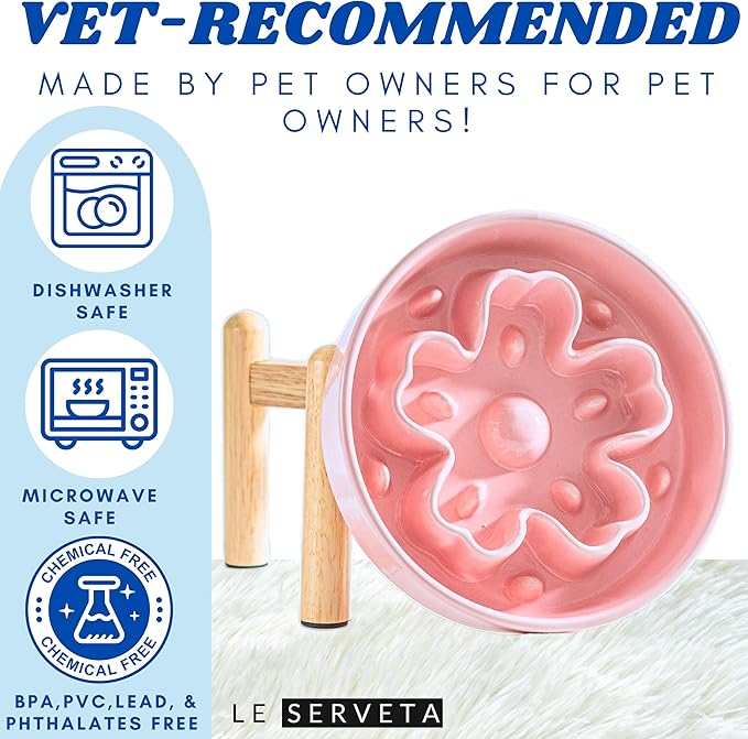 Ceramic Slow Feeder Dog Bowls, Raised, 3 Cups Elevated Slow Feeder with Wooden Stand for Medium Large Breed, Puzzle Dog Food Bowl, Flower (Pink)