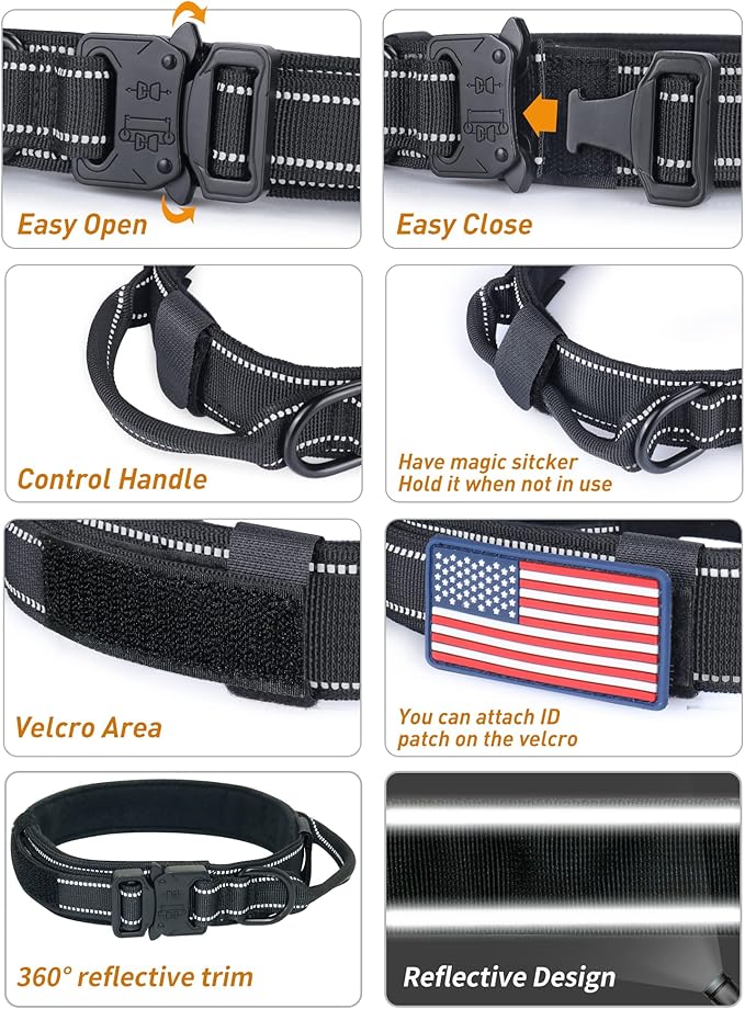 AUBELL Reflective Tactical Dog Collar,Adjustable Military Heavy Duty K9 Collars with Handle and Quick Release Metal Buckle Great for Extra Large Dogs, with Airtag Case and 2 Patches (Black,XL)