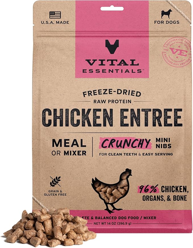 Vital Essentials Freeze Dried Dog Food, Raw Chicken Crunchy Mini Nibs | Complete Meal or Mixer | High Protein, Low Carb, Grain Free, Dry Dog Food | 14 oz