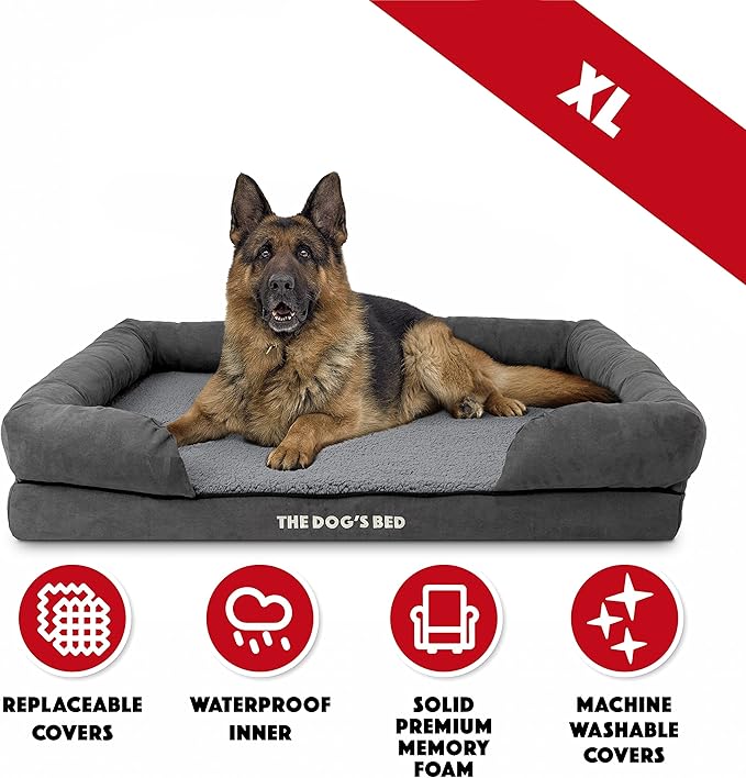 The Dog’s Bed Orthopedic Memory Foam Dog Bed with Bolsters, Plush Fabric, Grey Plush, XL