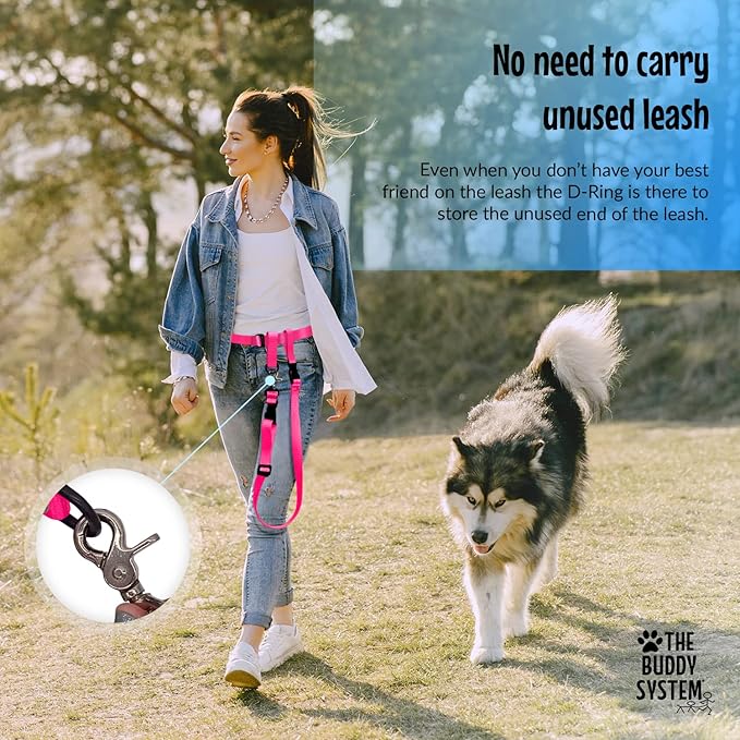 The Buddy System Hands Free Dog Leash, Adjustable Leash for Running, Jogging, Training and Service Dogs, Great for Small, Medium and Large Dogs, Made in USA (Pink, Regular Belt (22"- 40" Waist))