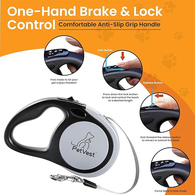 Dual Retractable Dog Leash – 16 FT Tangle-Free Leash for 2 Dogs, Detachable for Single Use, One-Button Brake & Lock, Up to 77 lbs Each, 360° Swivel, Non-Slip Handle + Poop Bag Holder