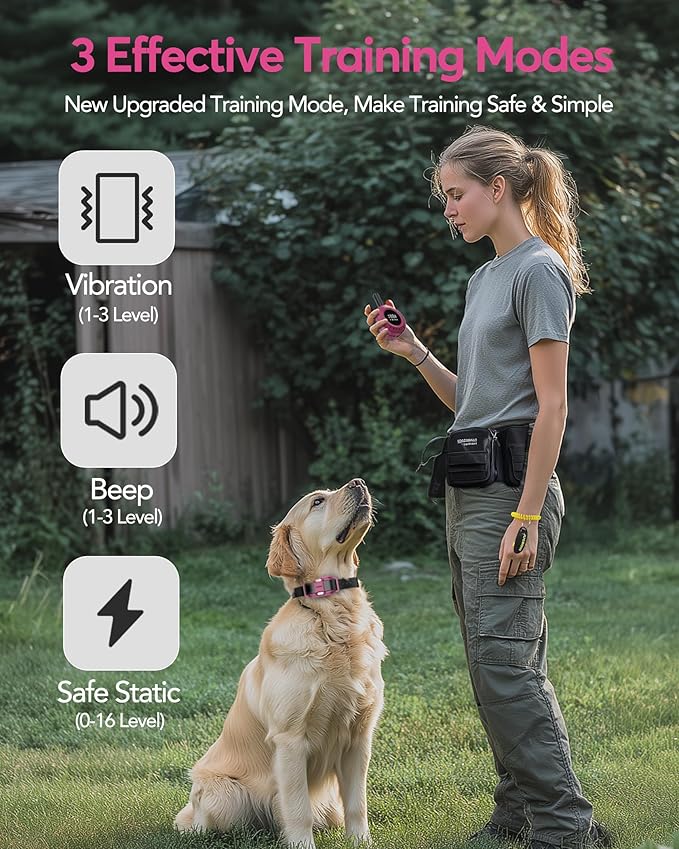 Jugbow Dog Shock Collar - 3/4 Mile Dog Training Collar with Remote for Large Medium Dogs, Rechargeable IPX8 Waterproof E-Collar with 3 Training Modes, LED Light & Security Lock (Pink)