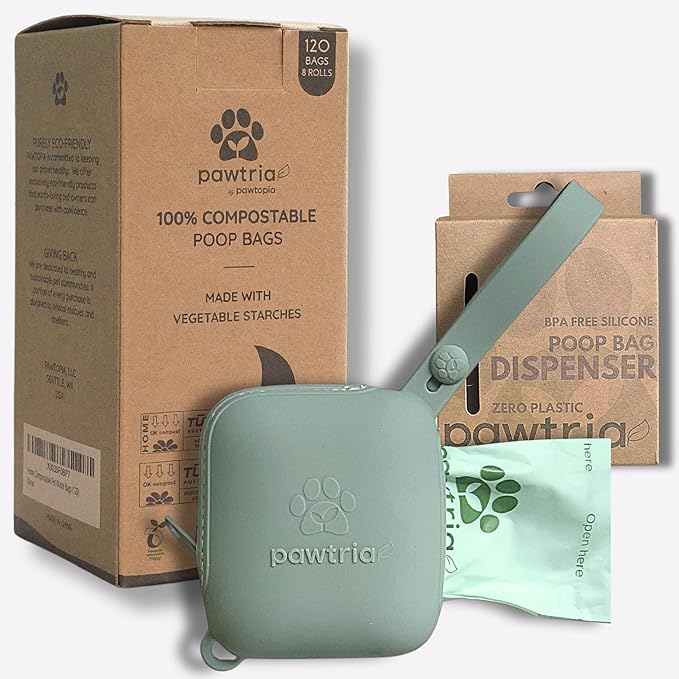 Eco Duo Set: Pawtria Dog Poop Bags (120) + Premium Silicone Poop Bag Holder for Leash, BPA-Free, Leak-Proof, Zero Plastic, Zero Waste, Supports Rescue Dogs (Dispenser + 120 Poo Bags)