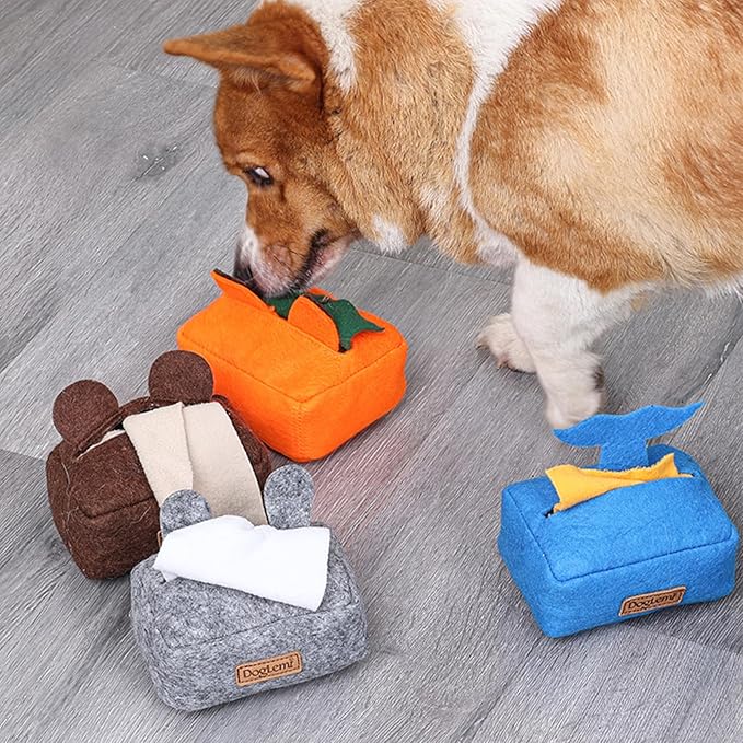 HDKUW 2PCS Dog Puzzle Toy, Dog Tissue Box Plush Toy, Interactive & Enriching Snuffle Game for Small Medium Dogs, Durable Hide and Seek Slowly Feeder Toy, Treat Dispensing & Nose Work Fun Brown Orange