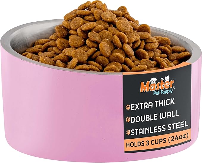 Master Pet Supply Stainless Steel Slanted Dog Cat Food Bowl - 24 oz Heavy Duty - Hyper Pink, Double Wall Insulated, Non-Slip Elevated Bowl for French Bulldogs Pugs Cats, Anti Rust Dishwasher Safe