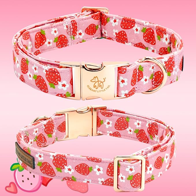 Elegant little tail Dog Collar, Spring Dog Collar with Bow Strawberry Print Cotton Soft Female Pet Bowtie Floral Adjustable Dog Collar for Large Dogs