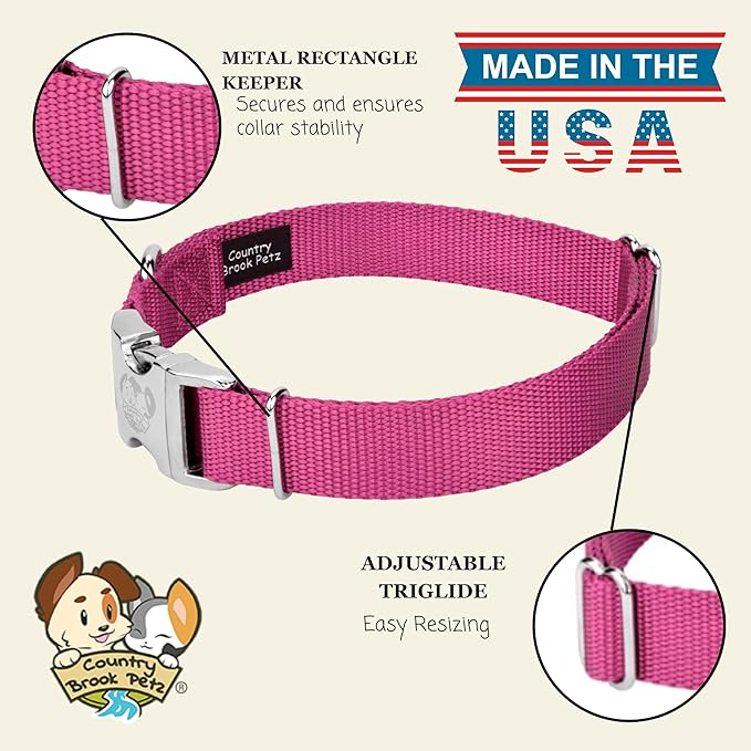 Country Brook Petz - Premium Nylon Dog Collar with Metal Buckle for Small Medium Large Breeds - 10+ Warm Colors (Small, 3/4 Inch, Rose)